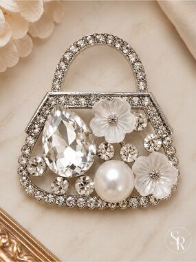Handbag Purse Brooch Classic Gemstone Pearl Floral Rhinestone Statement Pin